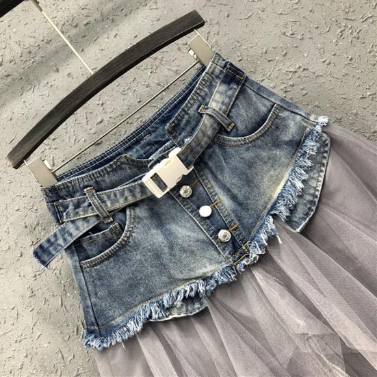 Women Skirt High Waist Denim Splicing Mesh Yarn Irregular Hem A-Line Skirt Versatile Work Leisure Daily Wear