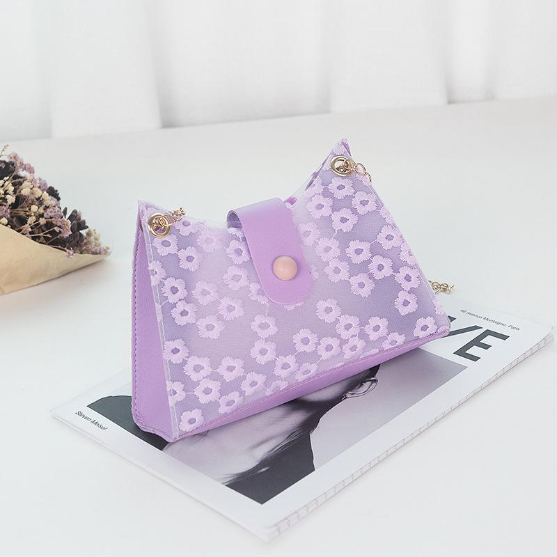 Women's bag summer embroidery thread flower transparent magnetic buckle underarm bag shoulder portable simple mobile phone bag