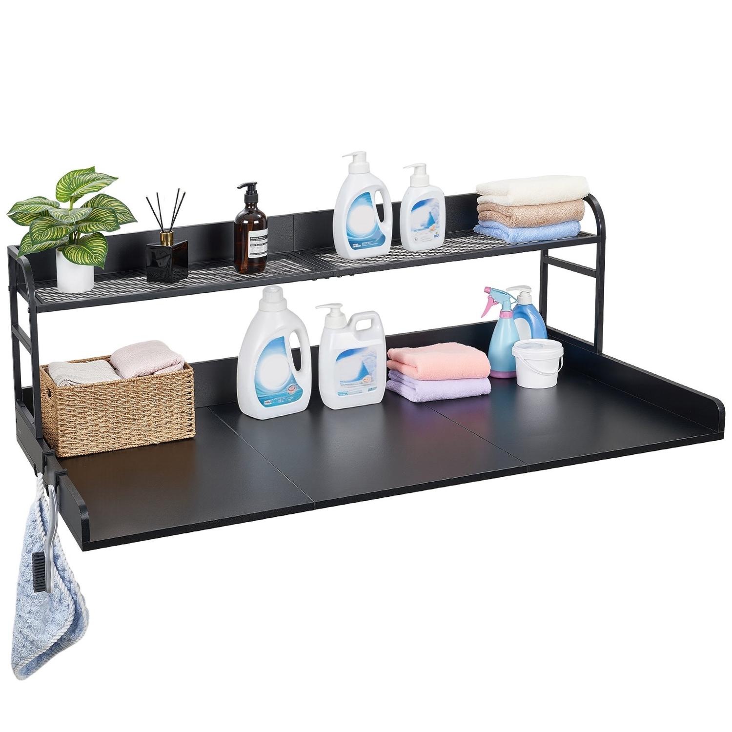 Waschtrockner Arbeitsplatte mit Regal, 137 x 69,9 cm Holz Waschmaschinen- und Trockner-Aufsatz mit Kante und 2 Haken, Wäschemaschinen-Aufsatz für Wäscheschrank