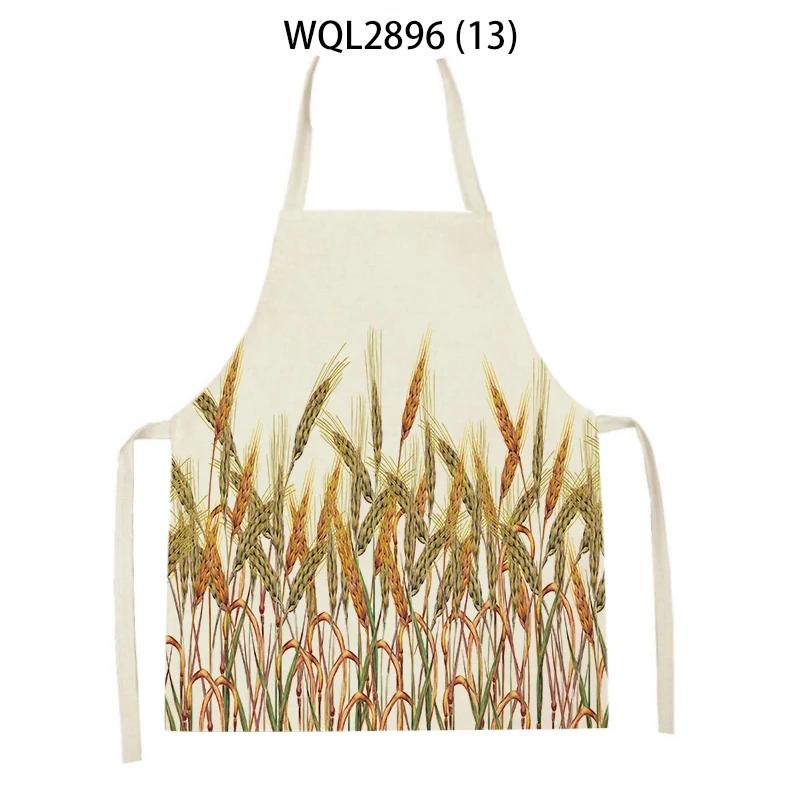 Plants Printed Kitchen Aprons Men Women Cooking Cleaning Aprons Wheat Flowers Pattern Linen Waist Apron Baking Accessories
