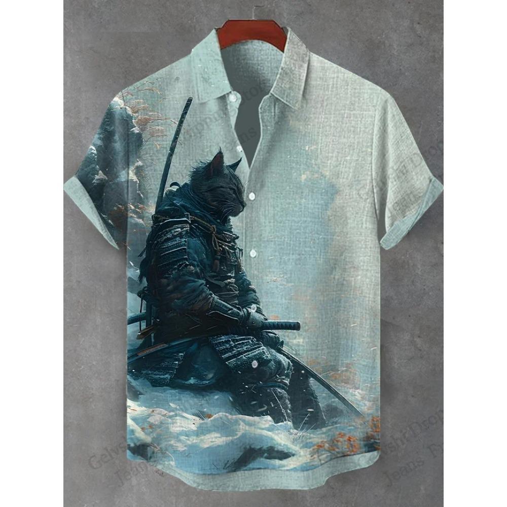 Men's Shirts Warrior Samurai Cat Print Hawaii Beach Shirt For Men 3d Print Hawaiian Shirt Women Fashion Short Sleeve Blouse New