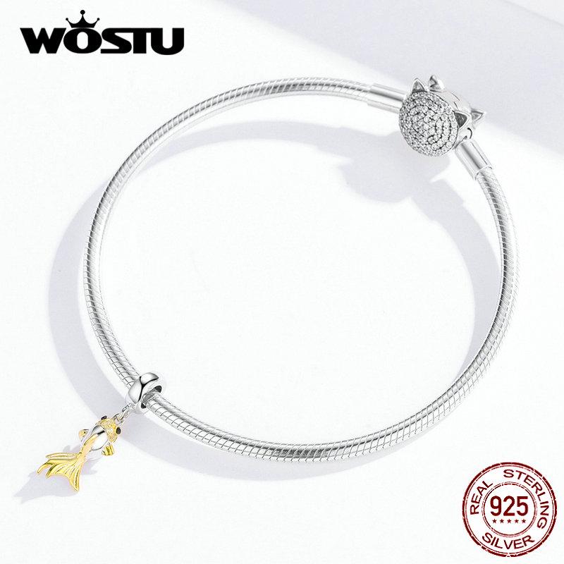 WOSTU Authentic 925 Sterling Silver Golden Koi Charms Fit Original Bracelet Pendant Zircon Beads