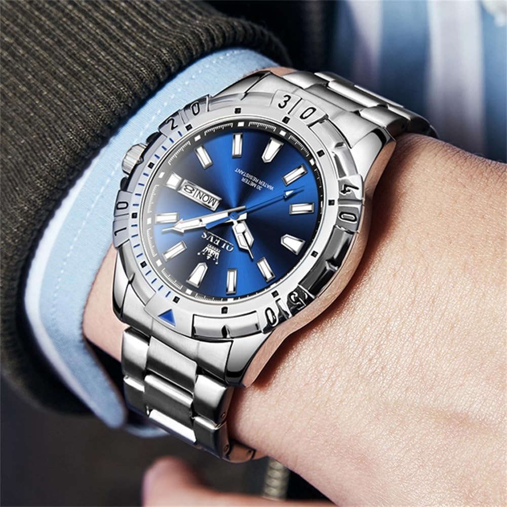 OLEVS Men's Quartz Watch - Multi-Function, Stainless Steel, Water-Resistant, Luminous, Date Display, Analog (Blue)