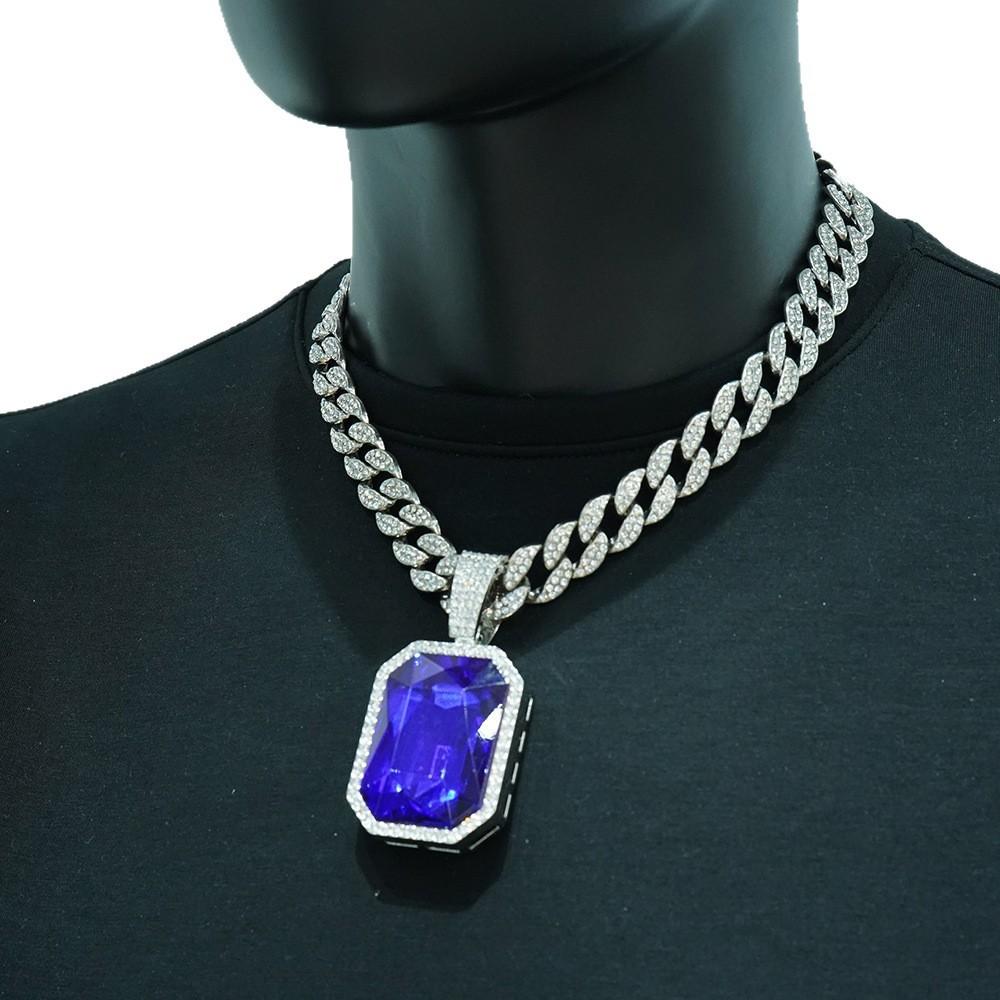 European and American Jewelry Fashion Square Colored Gemstone Necklace Pendant for Men, Hip-hop Style, Full Diamond Cuban Chain Necklace, Unisex