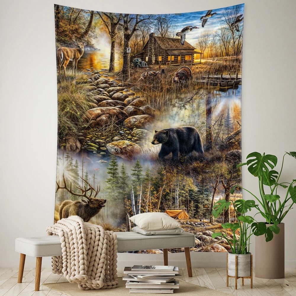 Brown Bear And Elk Forest Cabin Tapestry Wall Hanging Modern Art Landscape Hippie Bohemian Living Room Bedroom Home Decor