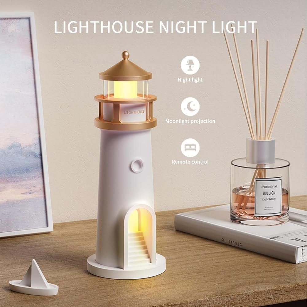 Lighthouse Moon Lamp Projector, LED Night Light with Remote Control, Lunar Projection, Adjustable Brightness, Timer, and Bluetooth Speaker for