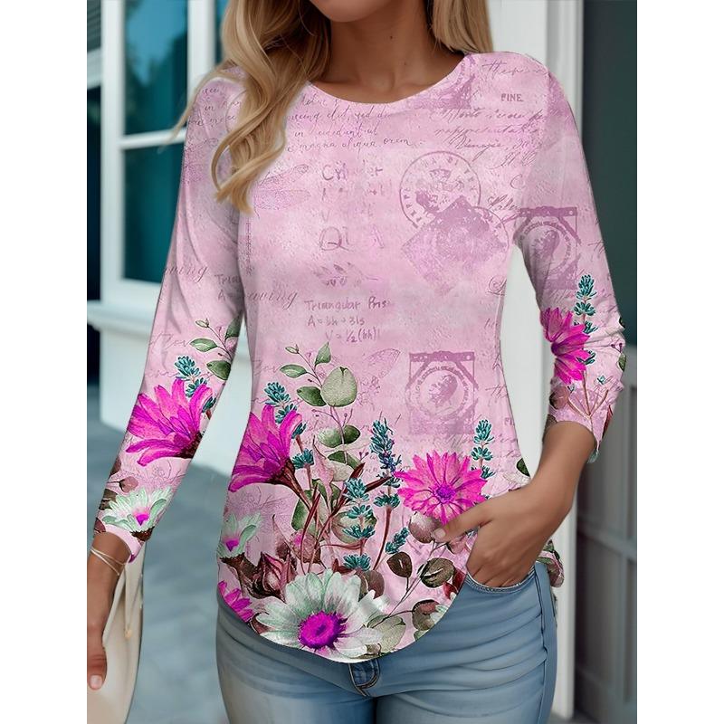 

Женская футболка 2023 года с цветочным графическим принтом, топы, футболки с длинным рукавом, повседневные топы, модный круглый вырез, обычная посадка XL