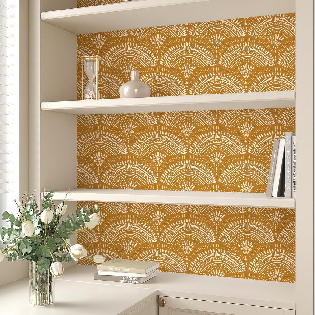 VEELIKE Wallpaper Stickers, Ginger Yellow, Bohemian Floral Pattern, Renovation Sheet, Cutting Sheet, Wall Sticker, 44.5 x 300cm, Heat-Resistant,