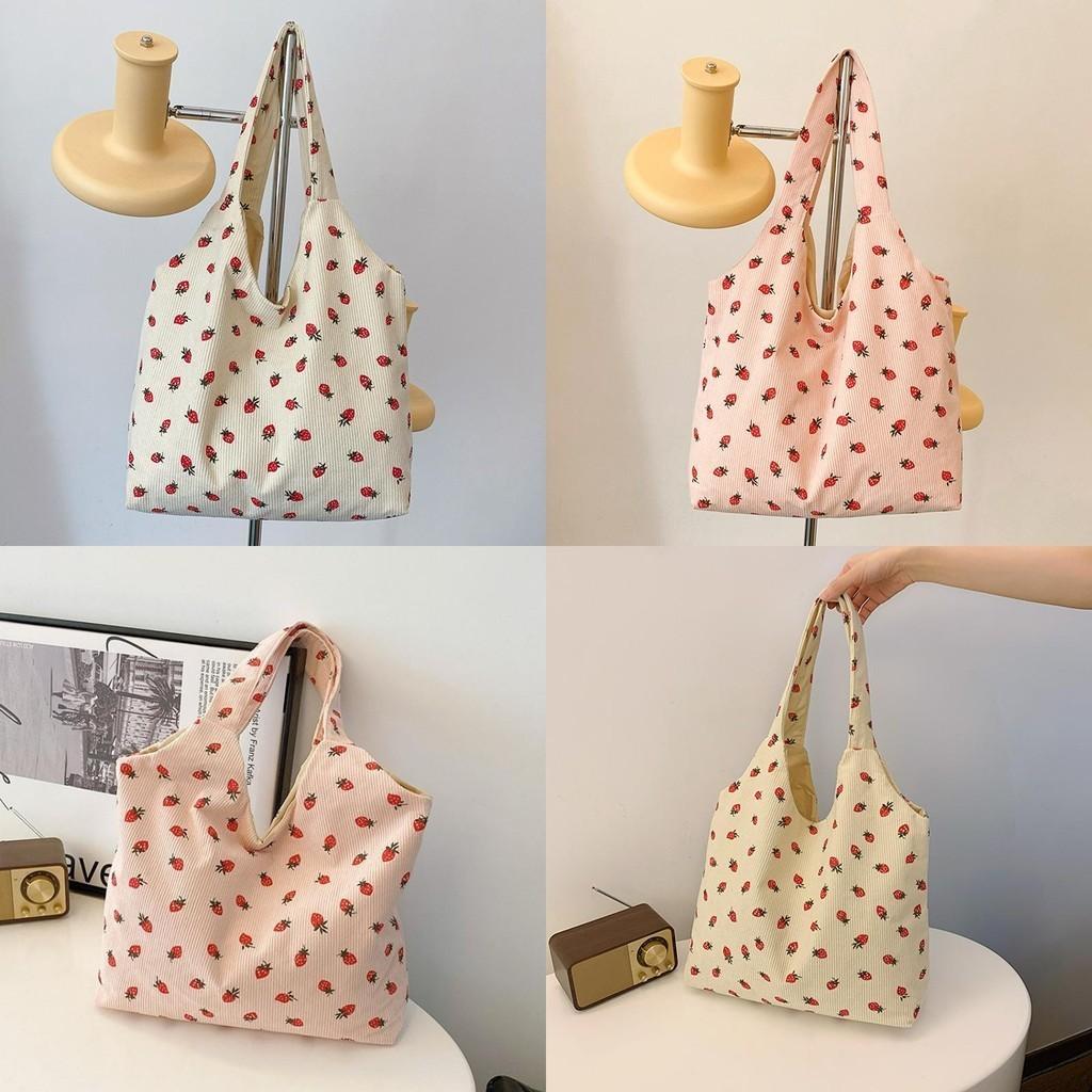 Trendy 2024 Canvas Strawberry Tote Bag Fashionable Soft Shoulder Bag For Women