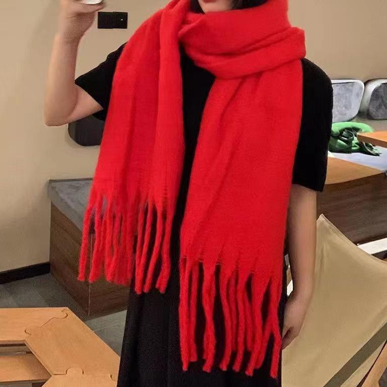 Soft Fluffy Solid Color Winter Scarf Women's Thickened Fleece-Like Cashmere Shawl Korean Style Warm Versatile Neck Warmer