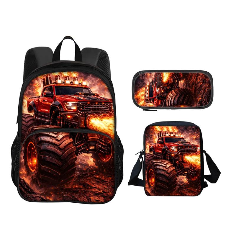 Monster Jam Round Front Bag Backpack Pen Bag Shoulder Bag 3Pcs Set Cartoon Print Student's Best Campus Companion Birthday Gift