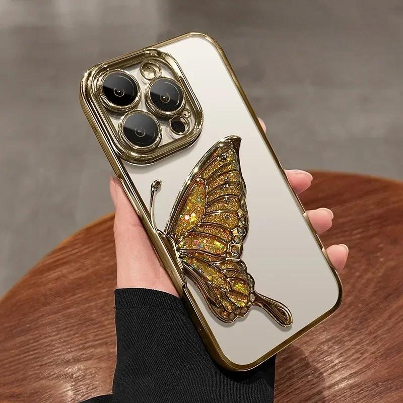 Cartoon Butterfly Glitter Quicksand Case for iPhone 16 15 14 13 Pro Max Plus 11 12 Plating Gradient Bling Camera Film Soft Cover