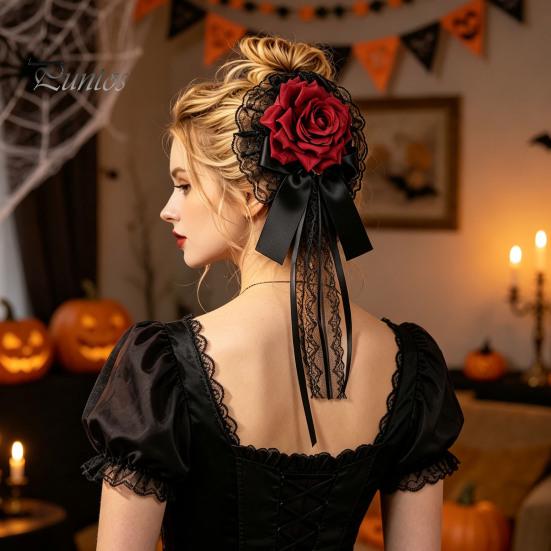 Satin Ribbon Hair Accessories Rose Bow Clip, Lace Pearl Hairpin, Lolita Gothic Bowknot Cosplay Party Headwear Hairpin for Women Bride Wedding Birthday