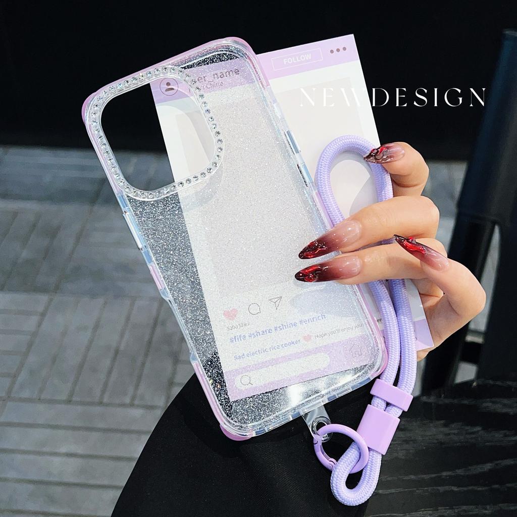 Pro iPhone 16 Pro Max Pouzdro Kamínková Dekorace Třpytivé TPU Ochrana proti Pádu Kryt na Telefon s Nastavitelným Poutkem na Zápěstí