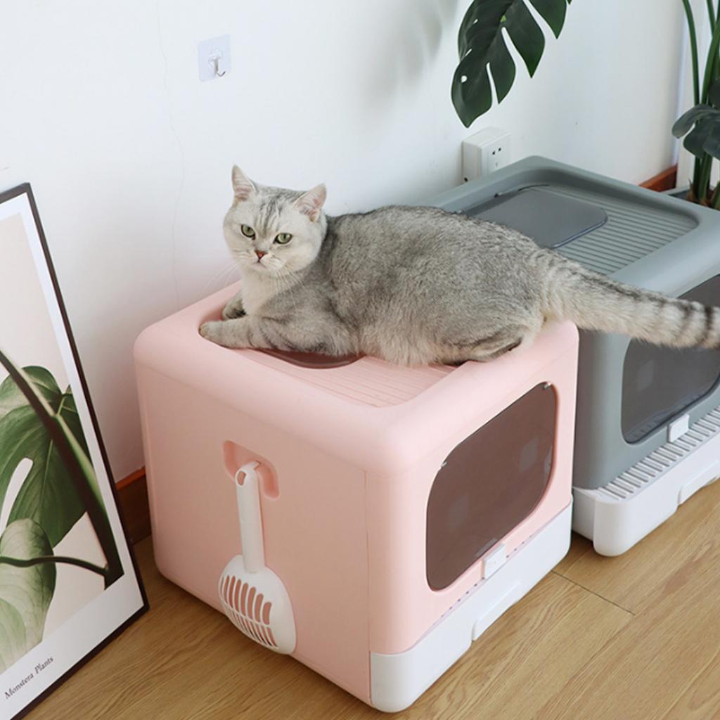 Katzentoilette Geschlossen PP Geruchlos Faltbar Anti-Spritzschutz mit Schaufel 2 Türen Katzentoilette für Haustierbedarf Rosa