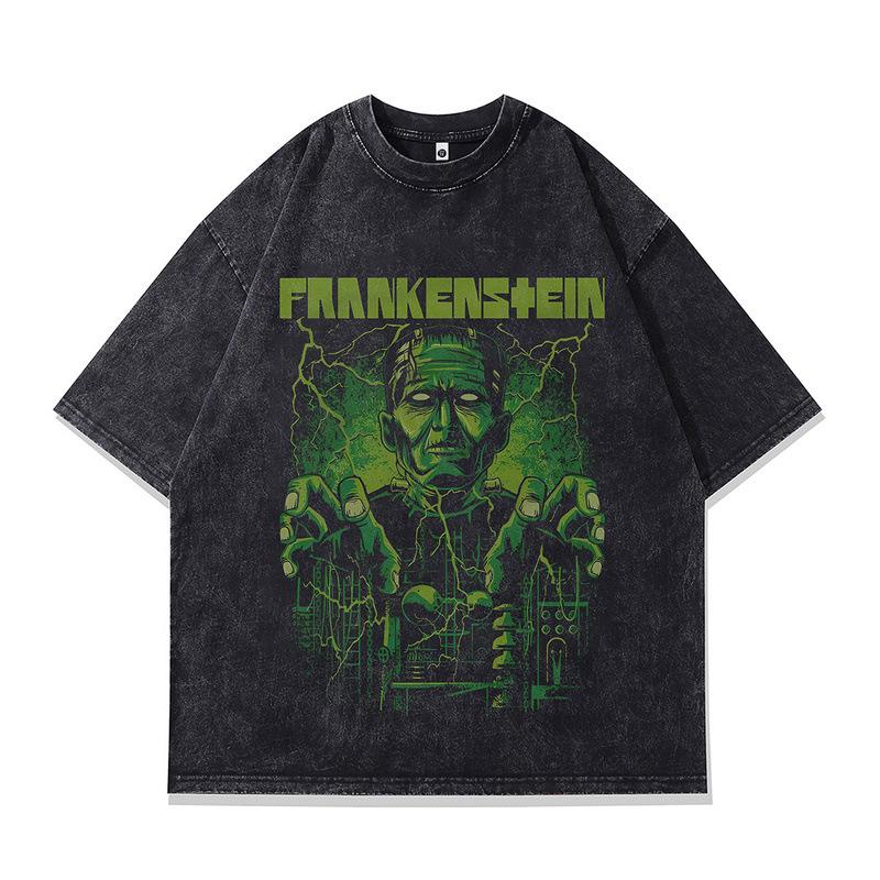 European And American High Street Vintage Rock Style Skull Print Oversize Washed Old Cotton Short-Sleeved T-Shirt Men