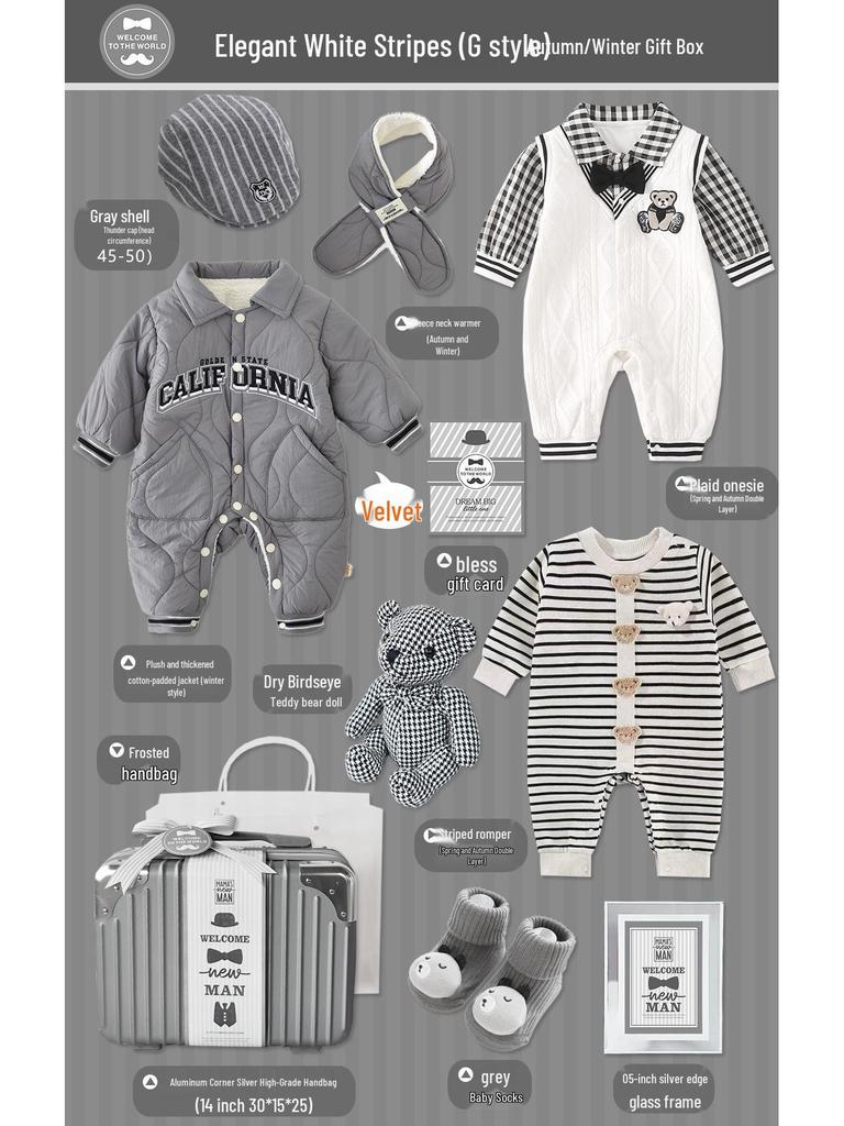 Newborn Baby Boy Gift Box: Off-White & Grey Striped Outfit - High-End Spring Festival Full Moon Collection
