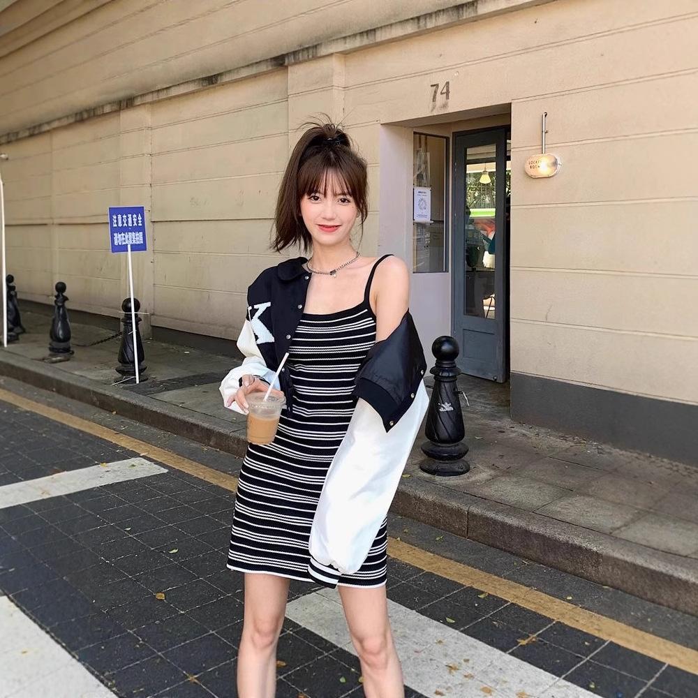 Black and White Striped Knitted Suspender Dress Women's Summer Elastic Slim Waist Skirt Spice Girl Tight Hip Skirt