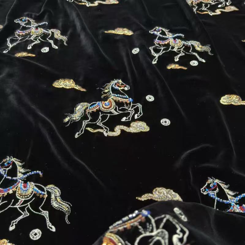 1meter Black Color Horse Pattern Embroidery Fabric Mulberry Silk Velvet Fabric for New Chinese-style Coat Vest Dress Cheongsam