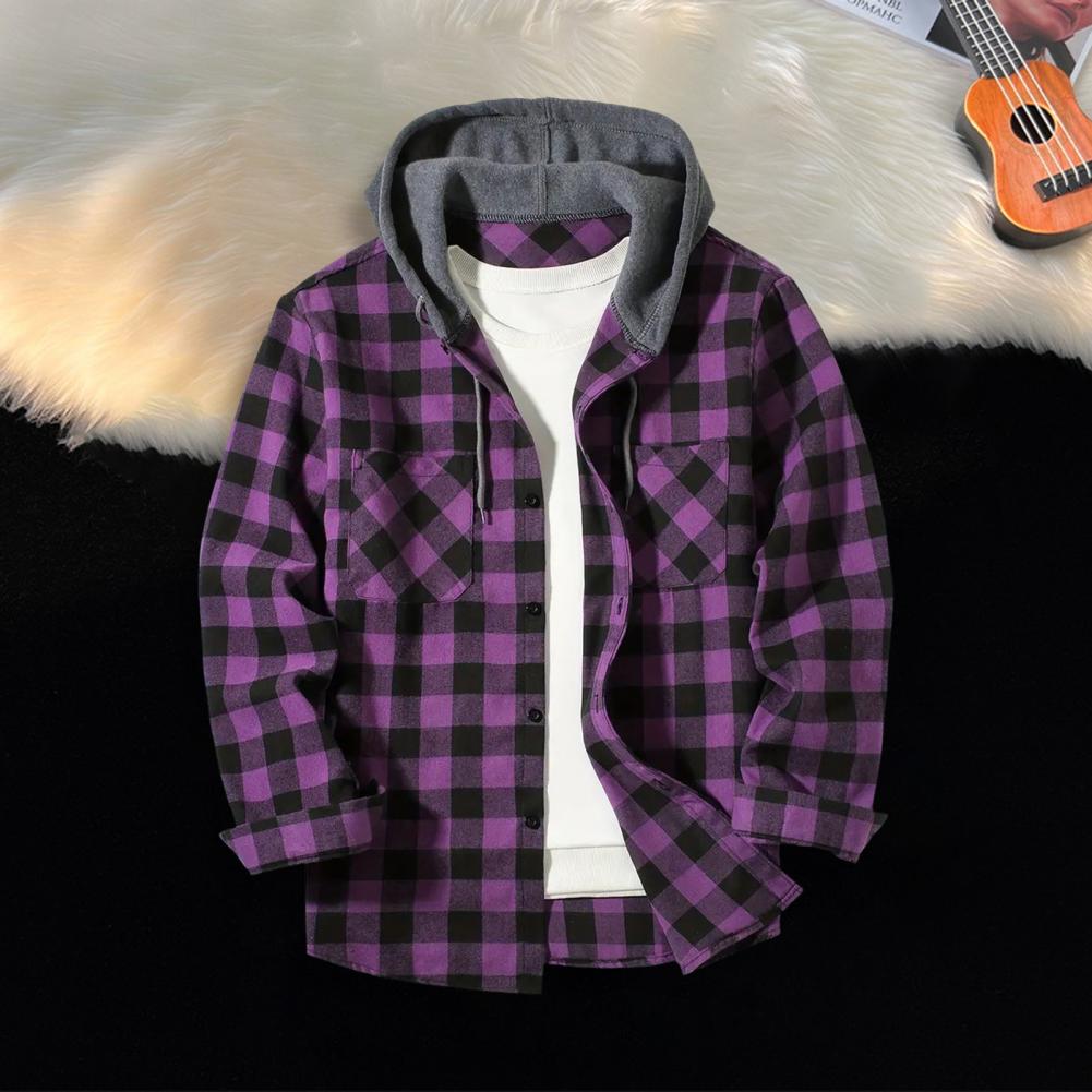 Fall Spring Men Shirt Hooded Drawstring Long Sleeves Color Matching Plaid Print Single-breasted Daily Wear School Home Shirt Coa