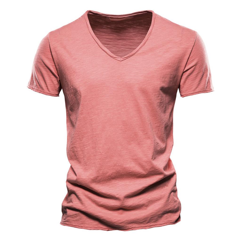 Popular Men's New Color Slub Cotton V-neck Short Sleeve T-shirt Cotton