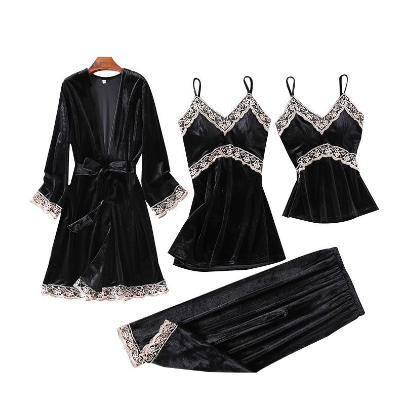1011 Golden Velvet Pajamas Homewear Four-piece Set, Suspender Pajamas Sexy Ladies Pajamas Autumn and Winter Warm Pajamas