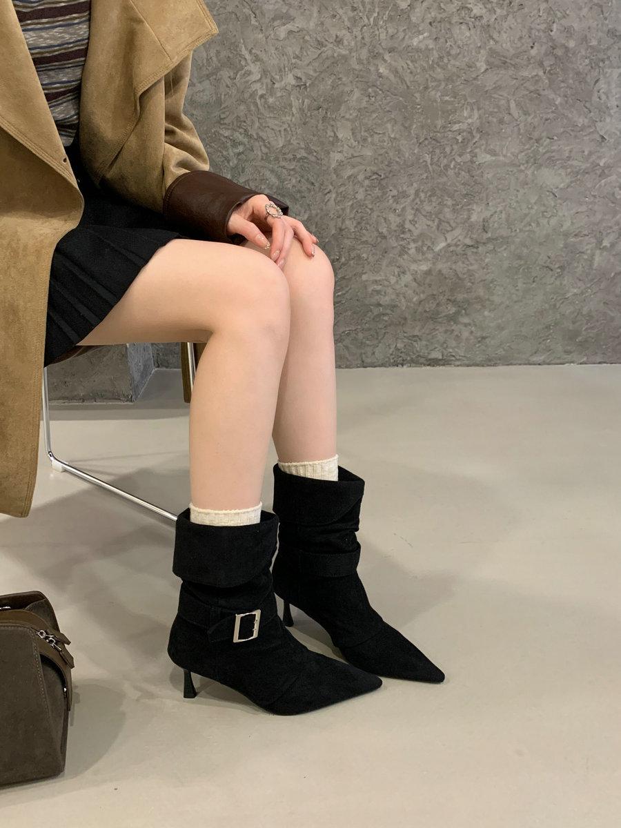 

Two wear 2025 autumn and winter new pointed thin heel high heel boots western cowboy boots suede metal buckle short boots medium boots 39 бордовий