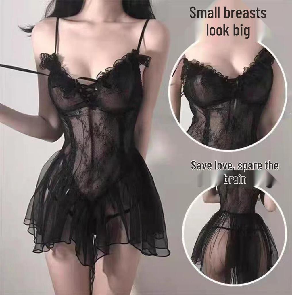 Plus Size Sheer Princess Nightgown - Sexy Fishnet Strappy Style for Small Chest