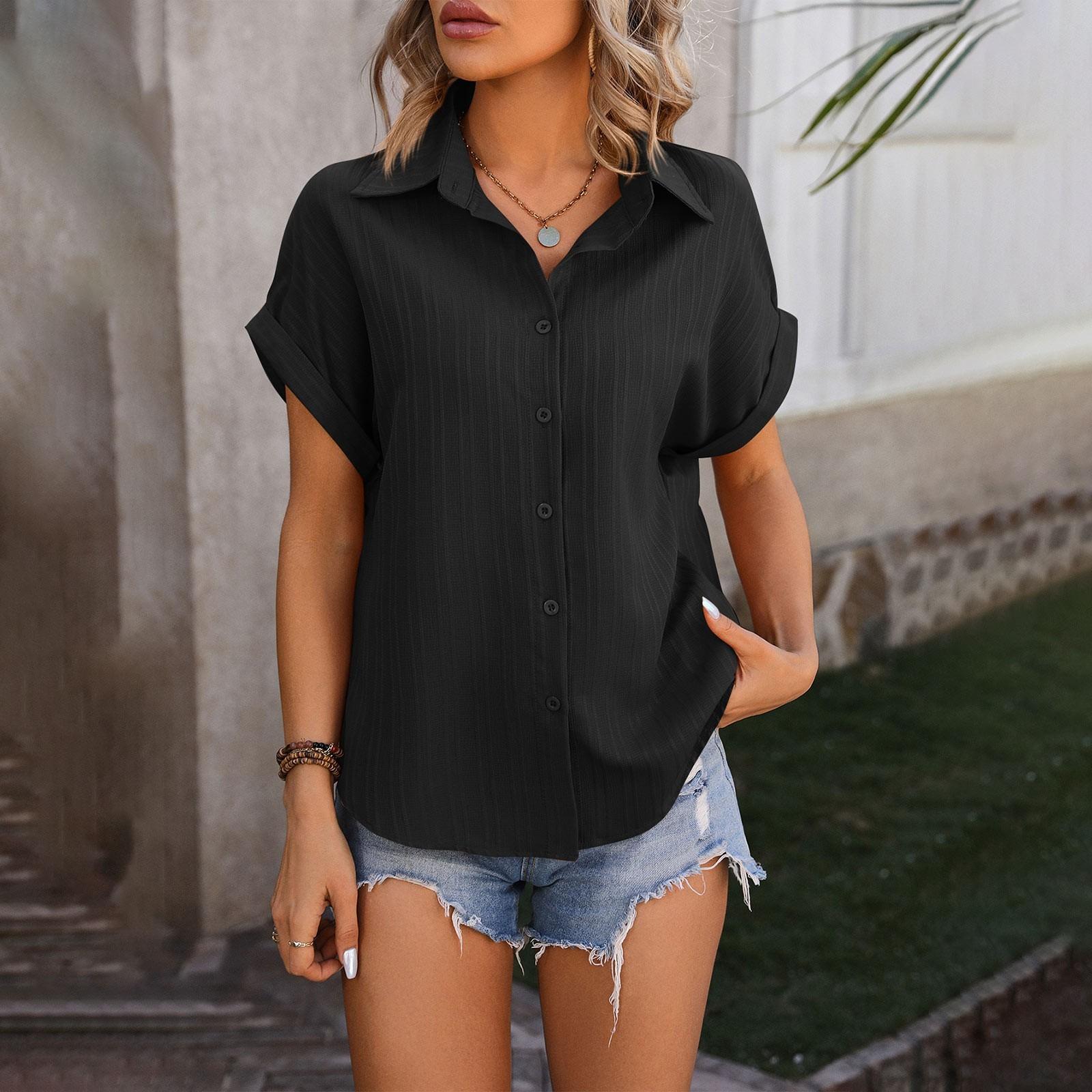 

Женские рубашки на пуговицах с коротким рукавом, повседневная рубашка с воротником, свободные блузки, однотонные топы M чёрный