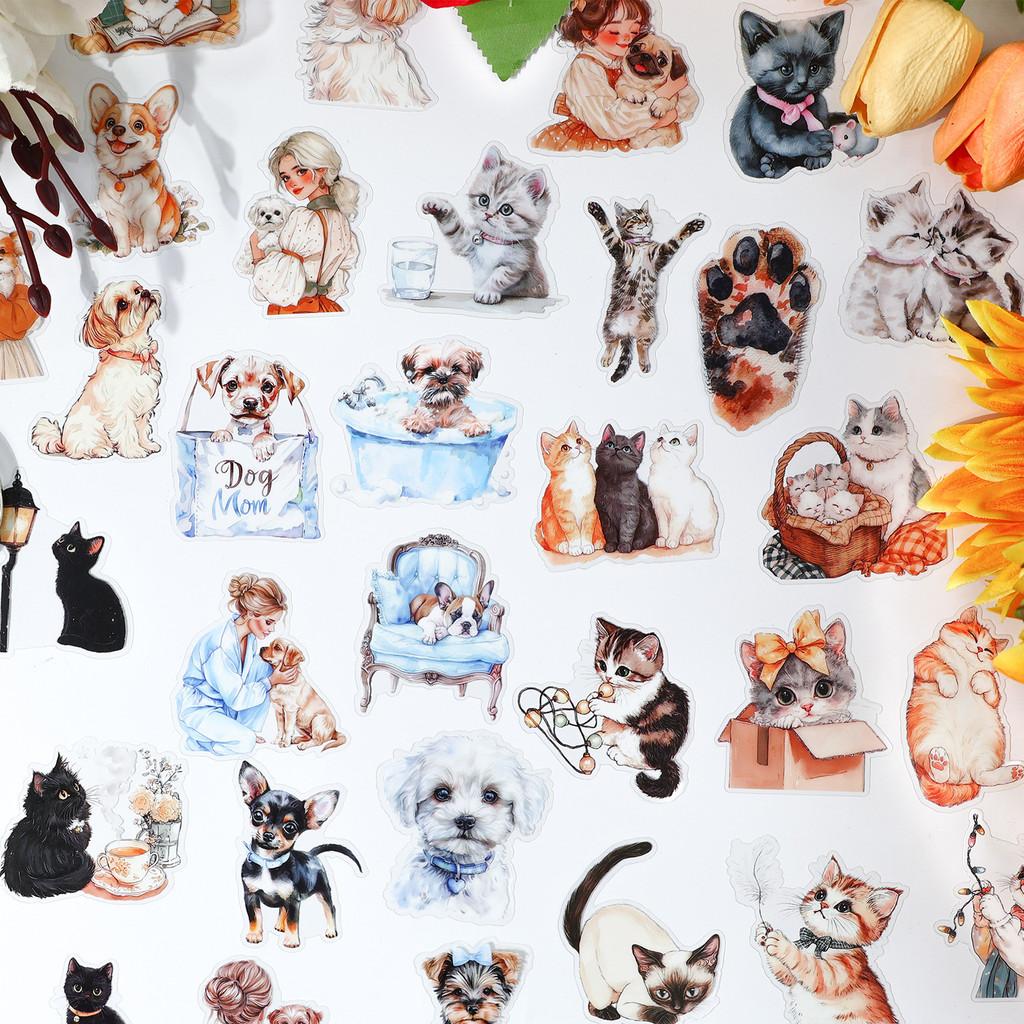 40pcs Pet Life Series Stickers Cat Cartoon Decoration Stickers for Scrapbooking Junk Journal Collage Stickers