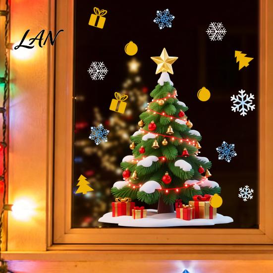 Seasonal Home Ornament Christmas Window Cling, Santa Climbing Rope Sticker, Removable Static Cling Non Adhesive Clings PVC Tree Decal for Glass Doors