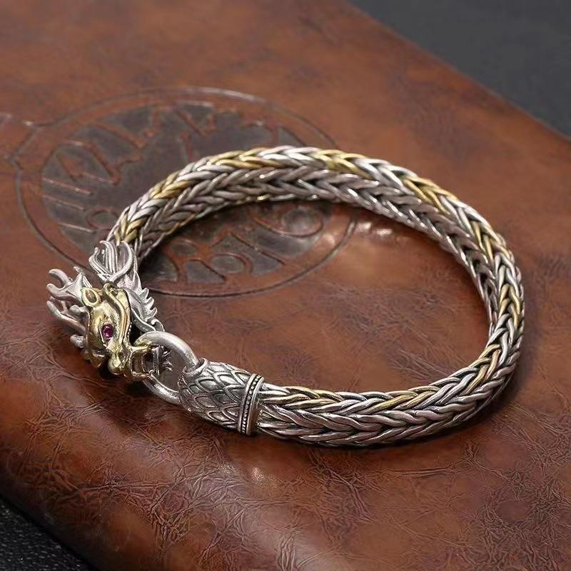 New Year of the Dragon Chinese Style Handmade Woven Golden Dragon Head Bracelet for Men, Vintage Craftsmanship Thai Silver Round Ring Clasp Bracelet