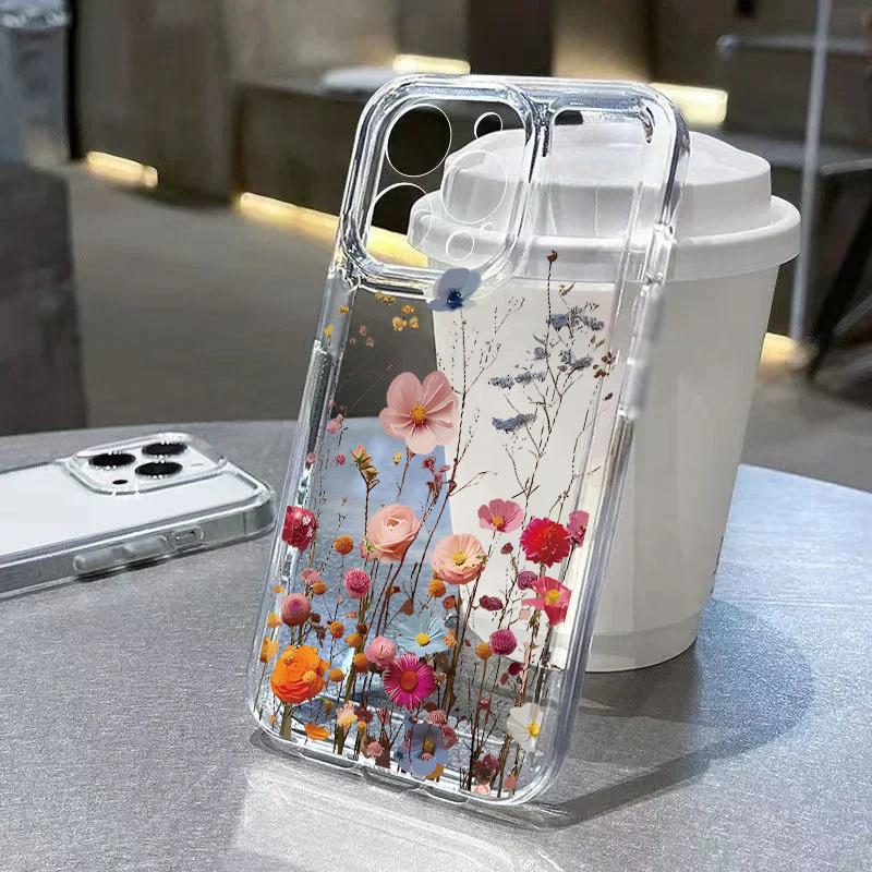 Cartoon Flower Pattern Clear Minimalism TPU Case For IPhone 17 Pro Max Air 11 15 12 14 13 16 Pro Max Plus 16e 17Pro Cute Cover