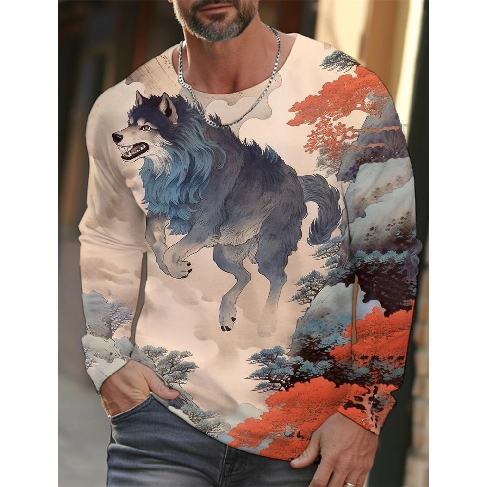 Spring and Autumn Round Neck Wolf Pattern 3D Ukiyoe Printed Top Fashionable Casual Long Sleeved Men's T-shirts