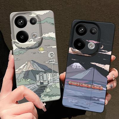Custodia per telefono con stampa di montagna cartoon, texture in pelle opaca, per Xiaomi 13T Poco X6 M6 Pro Redmi Note 14 Pro 13 12 11 10 Pro, sottile, morbida in TPU, antiurto