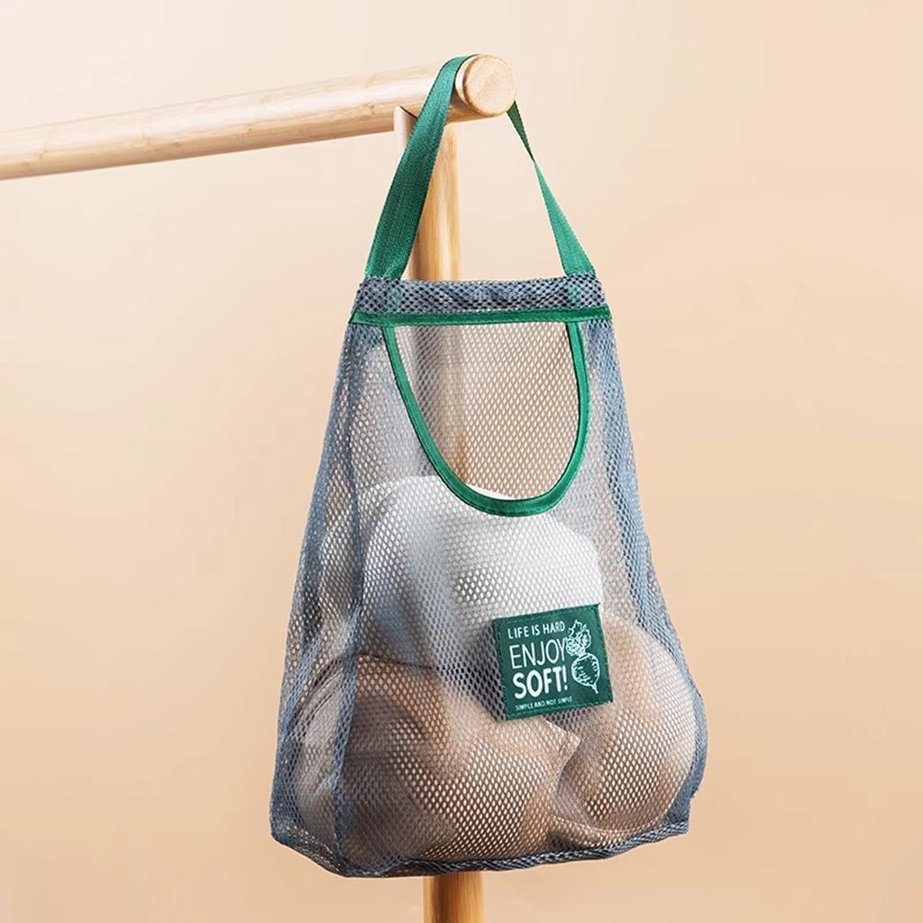 Breathable Mesh Hanging Storage Bag For Garlic Onion Spices Kitchen Vertical Space Saving Organizer Durable Polyester Material