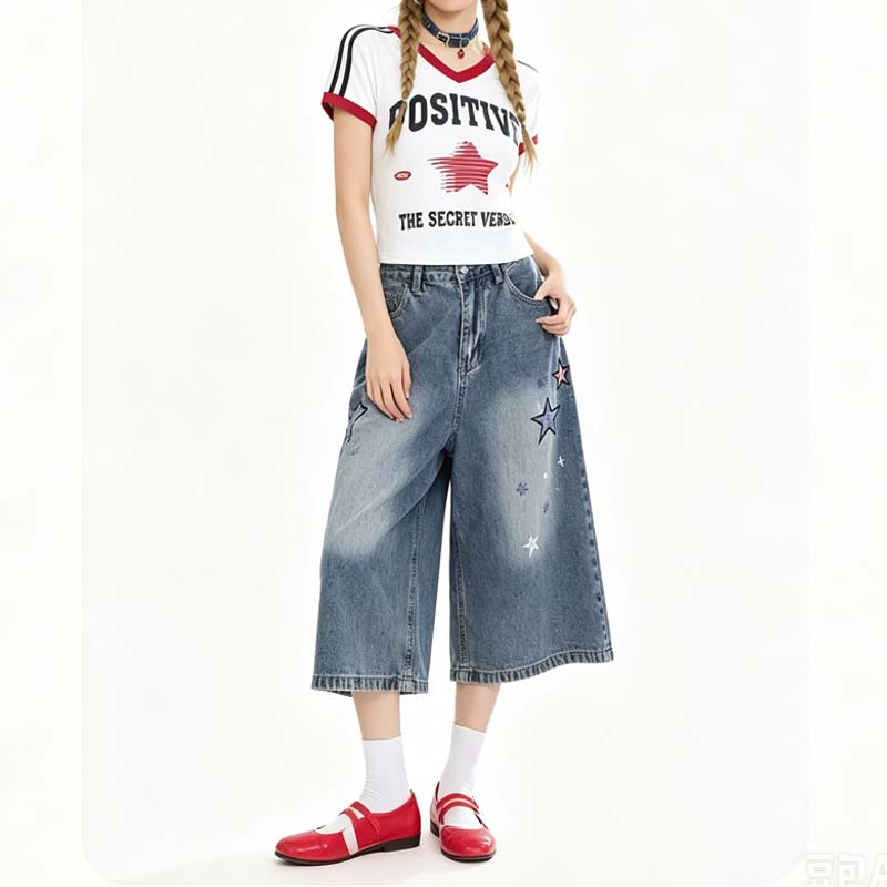 Women's Cropped Jeans Embroidered Loose Straight Wide Leg Shorts Pants Summer Clothing Y2k