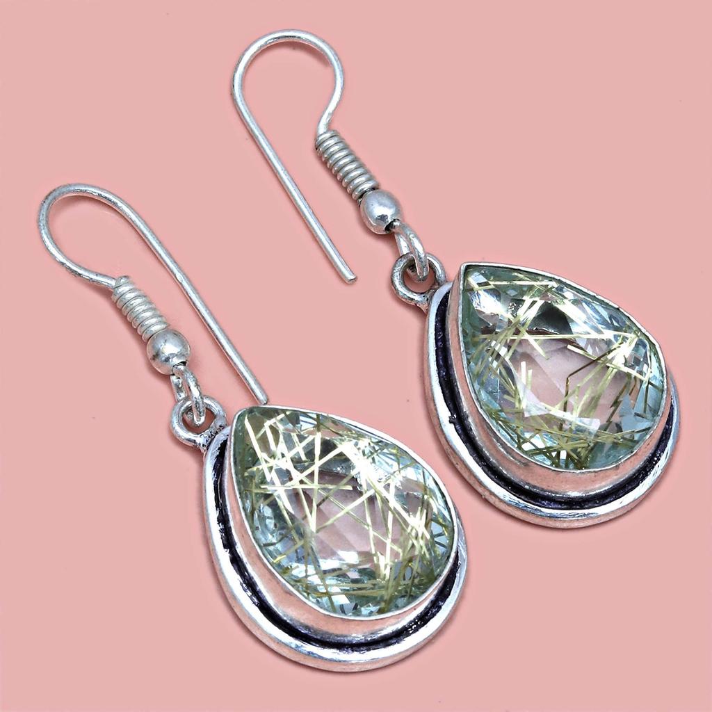 Rutile  Golden Set Earring Jewelry 18-20'' Pendant Quartz Sterling