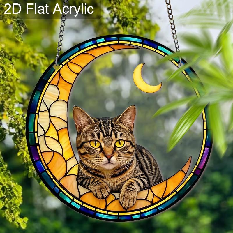 Acrylic Crescent Moon Tabby Cat Suncatcher, Stained Glass Style Window Hanging Ornament for Cat and Celestial Lovers