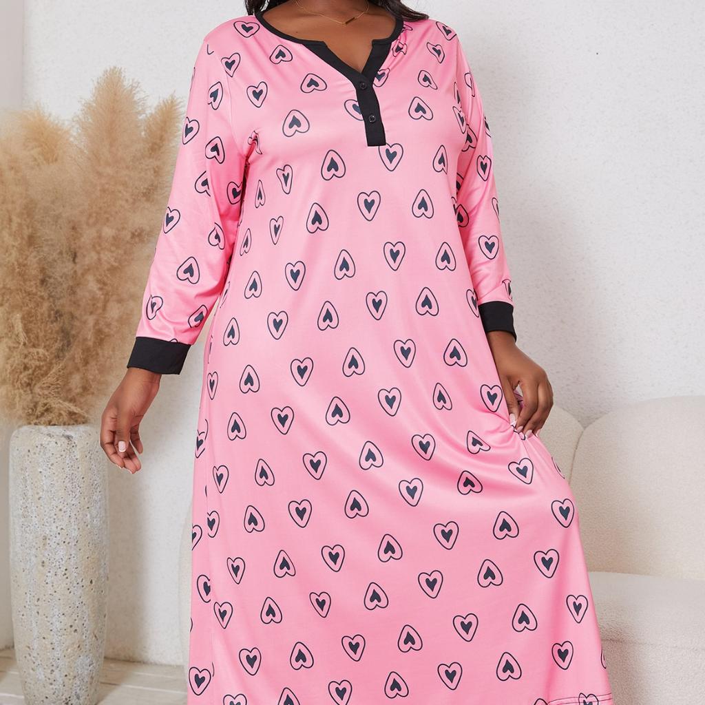 Spring Autumn Plus Size XL-5XL Pink Graphic Printed Long Sleeve Women Nightgown Sexy V Neck Oversized Sleepwear Female Nightwear Homwear Clothing