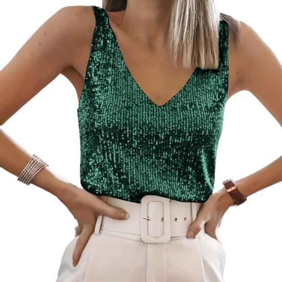 Women Tops Deep V-Neck Sparkling Sequins Design Sleeveless Vest Loose Fit Party Camisole Nightclub Wear