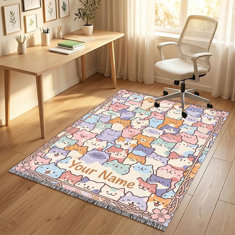 Colorful Cat Theme Soft Crystal Velvet Rug Custom Name & Text Print Non Slip Floor Rug for Bedroom Living Room