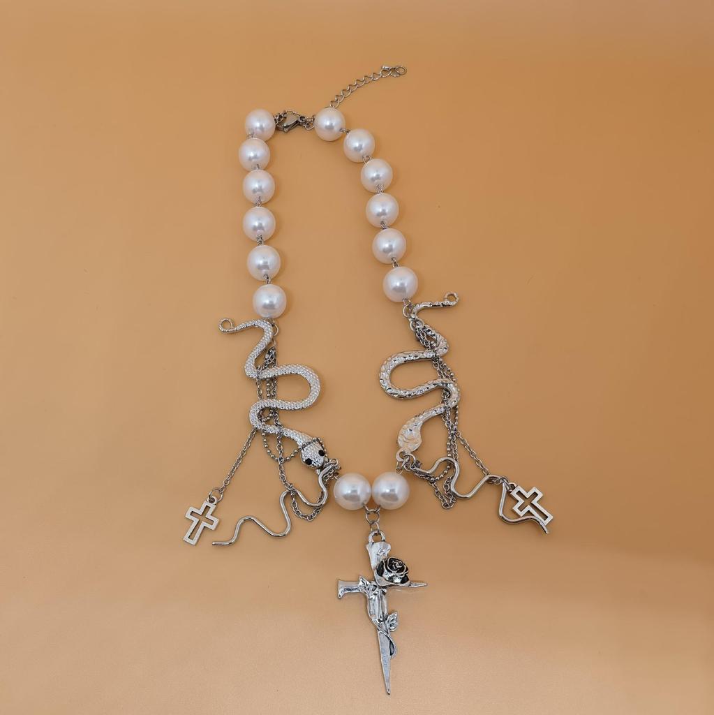 Pearl Snake Tassel Cross-Stitch Choker Necklace - Light Luxury Sweet Clavicle Chain