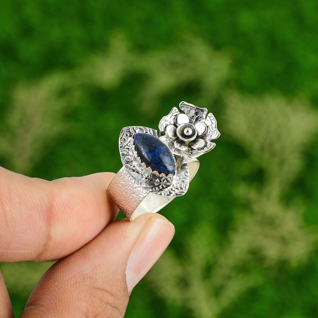 Natural Lapis Lazuli Gemstone 925 Silver Statement Flower Ring Size 8 For Women