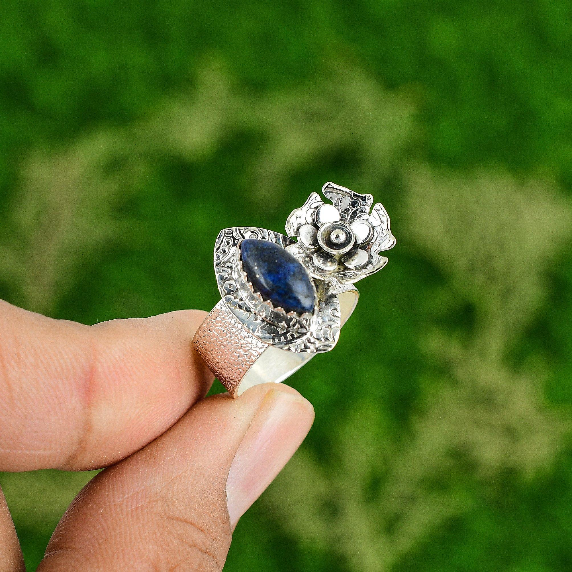 

Natural Lapis Lazuli Gemstone 925 Silver Statement Flower Ring Size 8 For Women 8