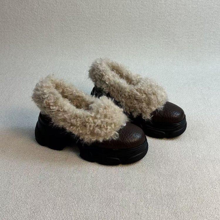 Small Thick-soled Heightening Fluffy Shoes, New Small Leather Shoes, Winter Velvet Warm Cotton Boots
