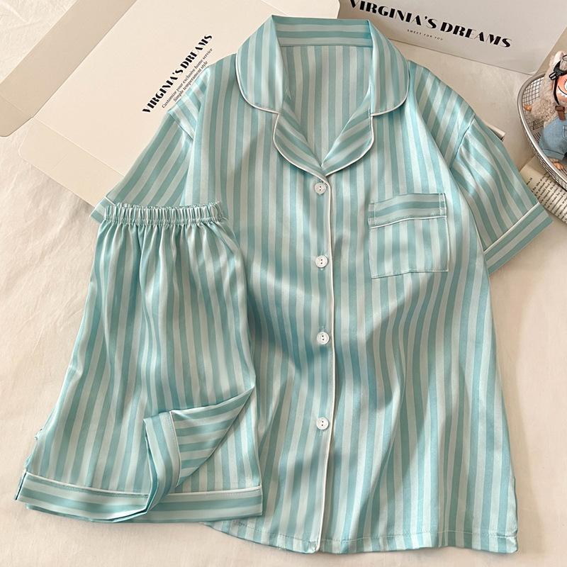 Simple, Small And Fresh Ice Silk Pajamas Women S Summer Short-Sleeved High-End Striped Loungewear Set M