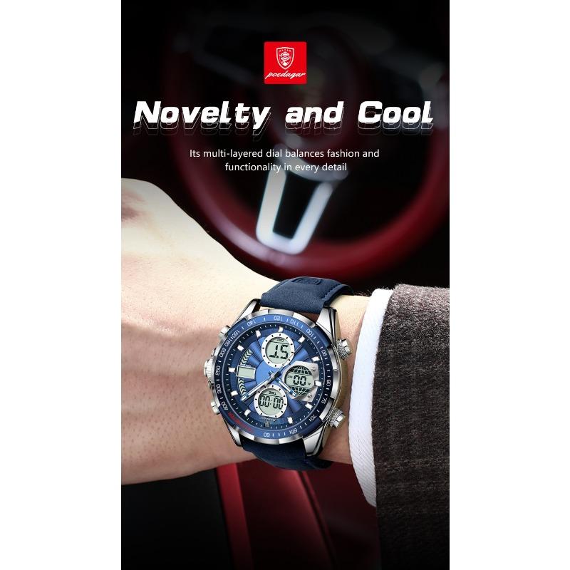 POEDAGAR Men Wristwatch Week Date Digital LED Quartz Fashion Clock Alarm Dual Time Display Electronic Luminous Watches