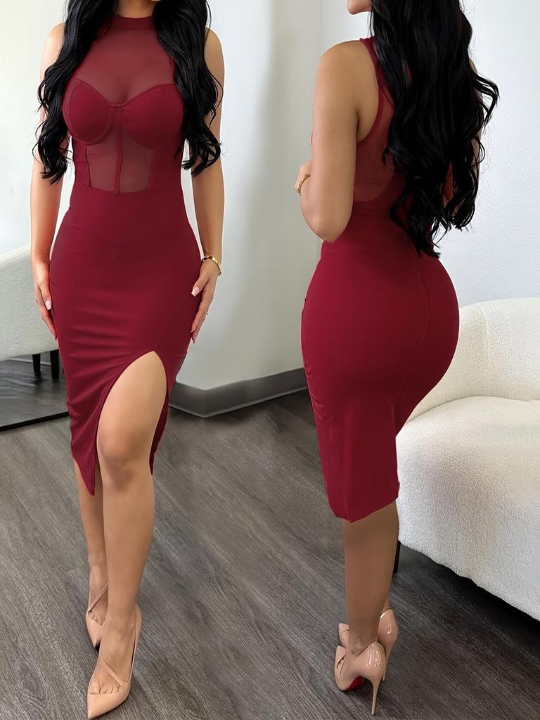 2026 Spring/Summer Sexy Sleeveless Mesh Patchwork Waist-Cinched Dress