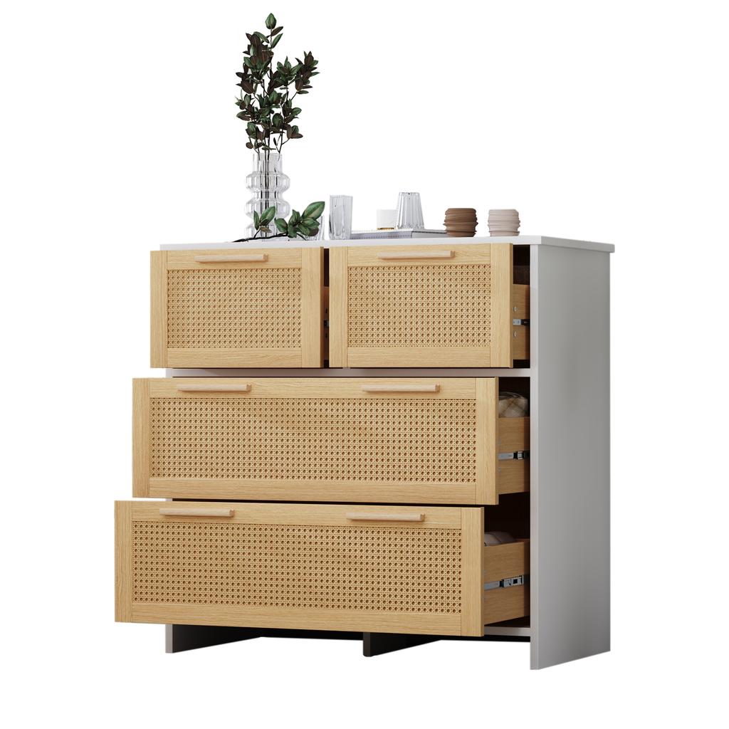 High-quality 4-drawer rattan cabinet with solid wood handles - Suitable for bedroom, living room, dining room, hallway - Dimensions: W80/H80/D38 cm